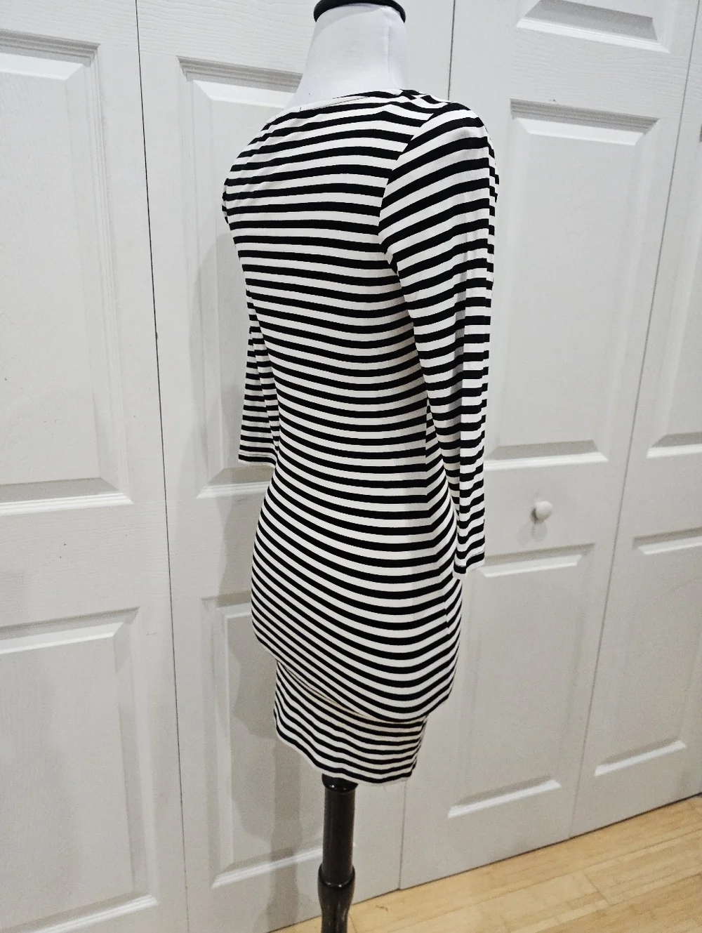 Forever 21 Black & White Striped Bodycon 3/4 Sleeve Basic Stretchy Dress S - Picture 5 of 9